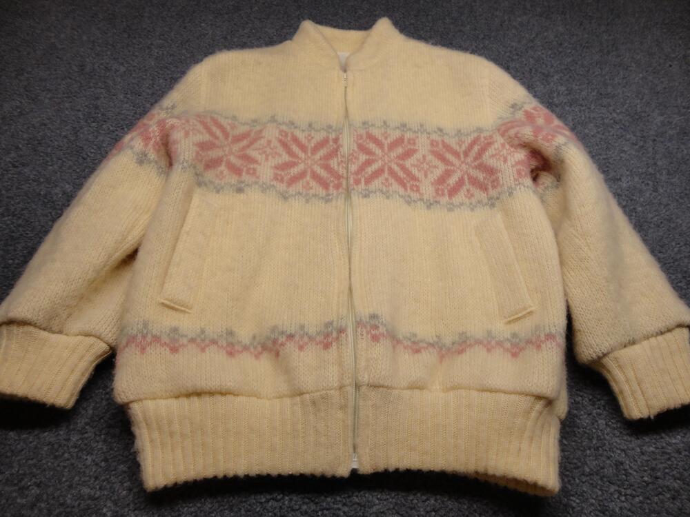 Ice-Knit Jacket Womens Large Yellow Wool Fair Isle Full Zip Lined Ski Bomber